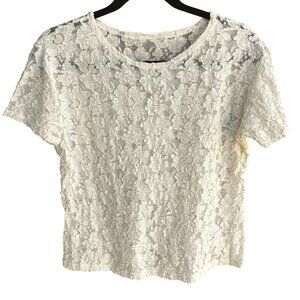 Vintage Y2K Womens Babydoll Ivory Stretch Lace Short Sleeve Semi‎ Sheer Crop Top
